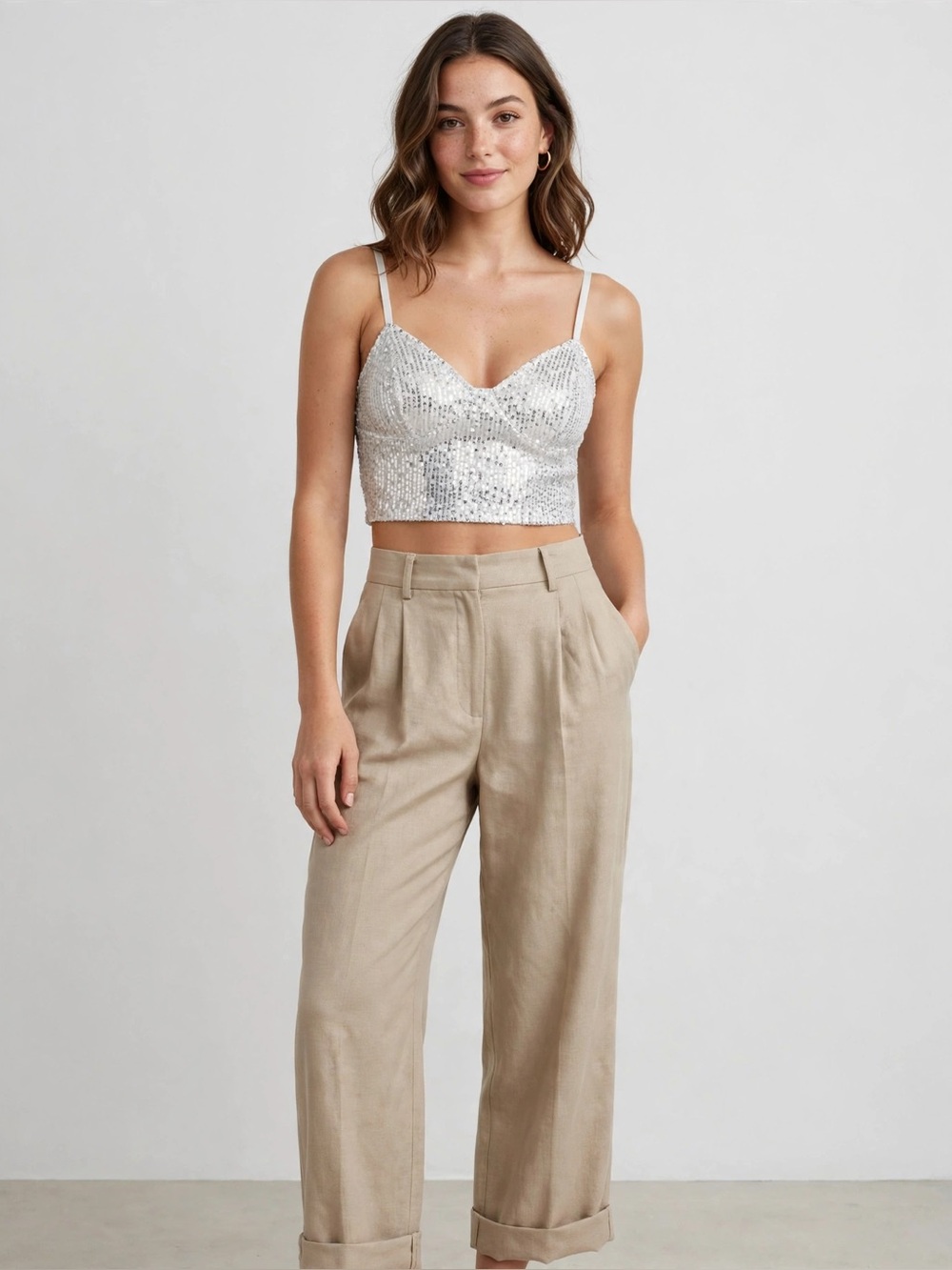Silver Sequin Crop Cami Top - Women
